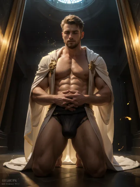 best quality, unity cg, masterpiece, hyper realistic image of extremely handsome and tall 30 year old man, dressed like a fantasy holy cleric with white see through robes, exposed chest, kneeling in prayer, looking up, bulge, ((magic golden particles)), ((...