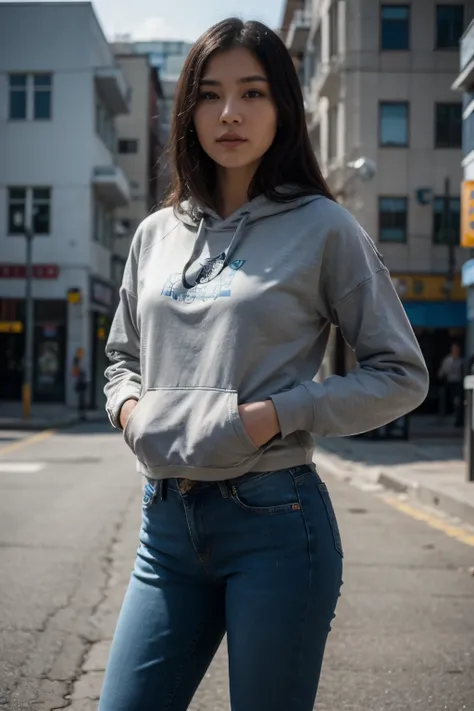 A professional portrait photograph of a gorgeous mongolian girl in wearing balck hoodie and blue jeans, realistic, background mongolia ulaanbaatar, HDR 4K, 8K,black hair, 