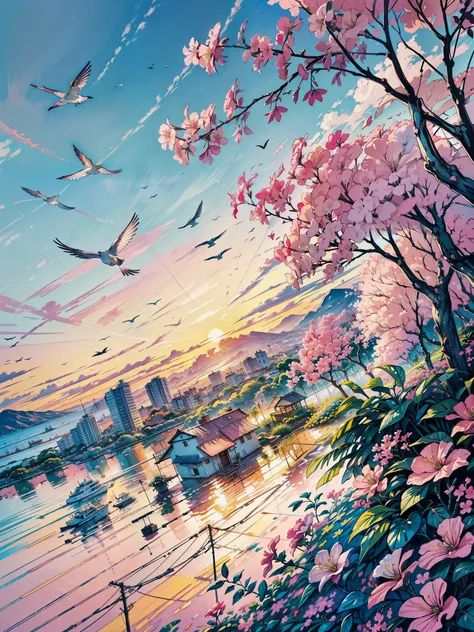 a painting of a flock of birds flying in the sky, bougainvillea, by Dave Arredondo, floral sunset, vibrant gouache painting scenery, calm and contented painting, by Sarah Gough Adamson, pastel palette silhouette, at gentle dawn pink light, floral splash pa...