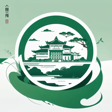 A stylized image,，Green as background，The word &quot;Suzhou&quot; is placed in the center in white simplified calligraphy style，The Minimalists，The left side shows a simplified modern building outline，Outline with white lines，The Minimalists，flat design