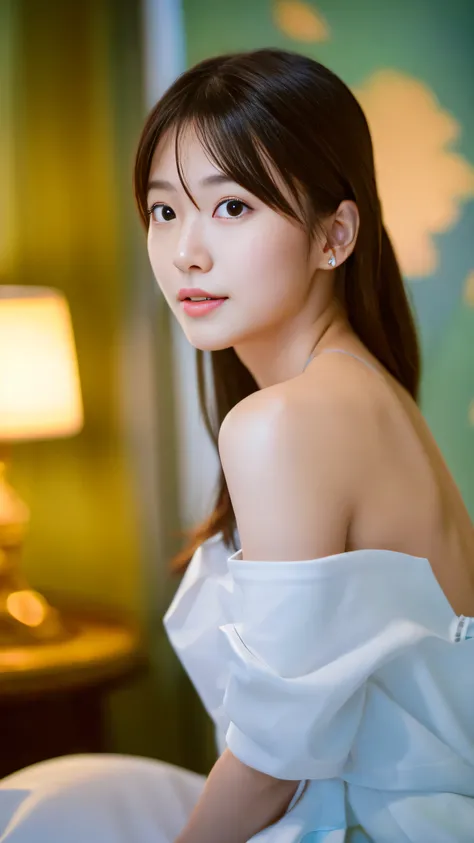 (Japan idols at 20 years old), Official Art, 8k unity wallpaper, ultra be familiar with, beautiful, masterpiece, Ultra HD Photos, high quality, Realistic, Professional Lighting, Delicate face, (Half squat lightweight one-shoulder dress, Very small breasts,...