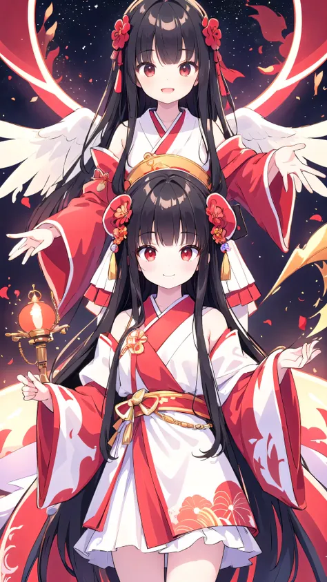 High-quality images,masterpiece,8K wallpapers incorporating detailed CG,Two Girls,16 years old,Baby Face,beautiful,smile,pale black hair,Realistic,pale black hair,A gorgeous shrine maiden costume in white and red colors,Long Hair、Straight bangs、