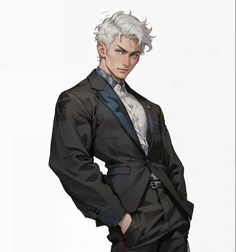 1 man, Detailed face, blue eyes，White hair,White skin , blue eyes, Black suit, White shirt，Business suit,, Pants