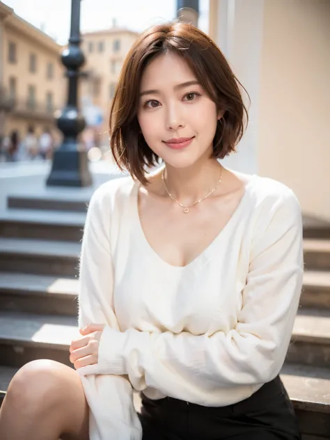 (highest quality, 8k, 32k, masterpiece, Ultra-high resolution:1.2),Beautiful Japanese Women Photos, Large Breasts, Very short bob hair,whole body,White sweater, necklace, Simple Background,  View your viewers,smile、（Italy:1.2）、（Rome:1.5）、（Spanish Steps:1.4...