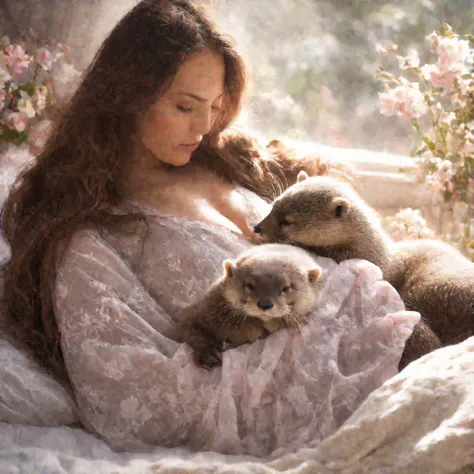(best quality,highres),woman (fast asleep,peacefully),sheer night gown,beautiful peaceful face,long wavy hair,serene atmosphere,soft light,vibrant flower-filled bedroom,comfortable bed,plush pillows and blankets,fragrant flowers,delicate petals,soft color ...