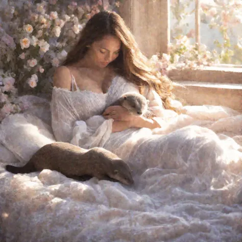 (best quality,highres),woman (fast asleep,peacefully),sheer night gown,beautiful peaceful face,long wavy hair,serene atmosphere,soft light,vibrant flower-filled bedroom,comfortable bed,plush pillows and blankets,fragrant flowers,delicate petals,soft color ...