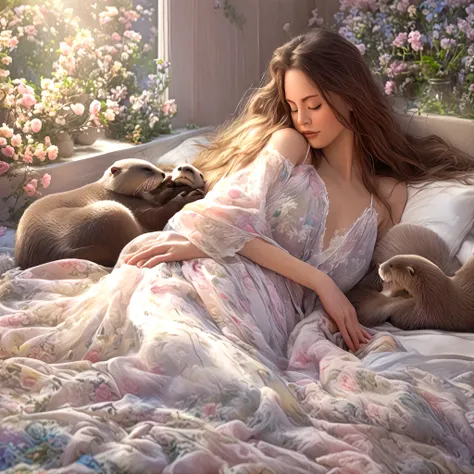 (best quality,highres),woman (fast asleep,peacefully),sheer night gown,beautiful peaceful face,long wavy hair,serene atmosphere,soft light,vibrant flower-filled bedroom,comfortable bed,plush pillows and blankets,fragrant flowers,delicate petals,soft color ...