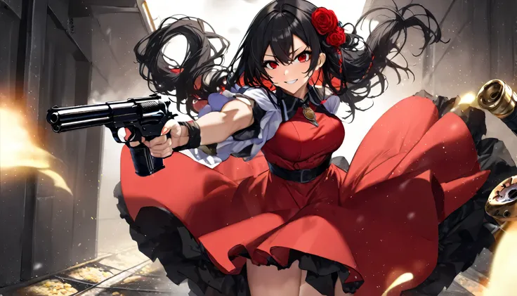 panoramic, ((Outlaw:1.4 style and gun fighting stance)) ((in a beautiful red evil femdom dress)), (hand holding gun is Colt Python, gripping Colt Python on hand), (solo straight black hair long hair cute femdom girl, 18 yo, detailed red eyes, angry:1.4 smi...