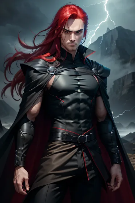 Male ninja, highly detailed, masterpiece, best quality, correct hands, long red hair, long hair, correct eyes, green eyes, bright green eyes, ((black pants, black cloak, black shirt, black vest,)) smug look, mountain background, storm, lightning, stormy at...