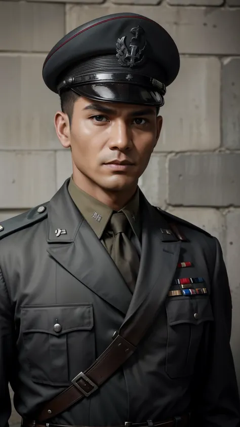 
"Craft a vivid narrative depicting a strikingly handsome Indonesian military officer, his raven-black hair framing sharp features, during World War II. He serves in the Waffen-SS, clad in a steely grey uniform with a military cap adorning his head. Despit...