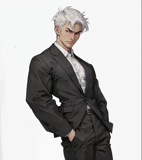 1 man, asian face,White hair,White skin , Black suit, White shirt,Business suit,, Pants