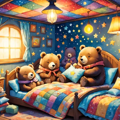 cutean illustrationクマの家,bear family:animal:hibernating:cute:nestle:sleep:comfortable and warm:looks happy,an illustration,pop,co...