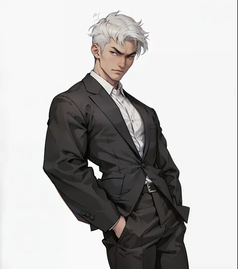 1 man, asian face,White hair,White skin , Black suit, White shirt,Business suit,, Pants