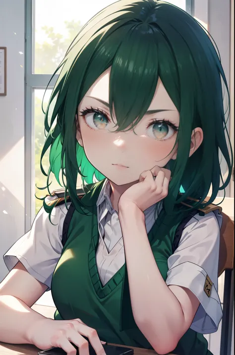 CruschKarsten, Crusch Karsten, Long Hair, Hair between the eyes, Green Hair, (Brown eyes:1.4),serious,
Armband, Epaulettes, White Ascot,White shirt,Short sleeve,Sweater vest, (green Sweater vest:1.5),
,Black pleated skirt,Black socks,Brown Loafers,Arms cro...