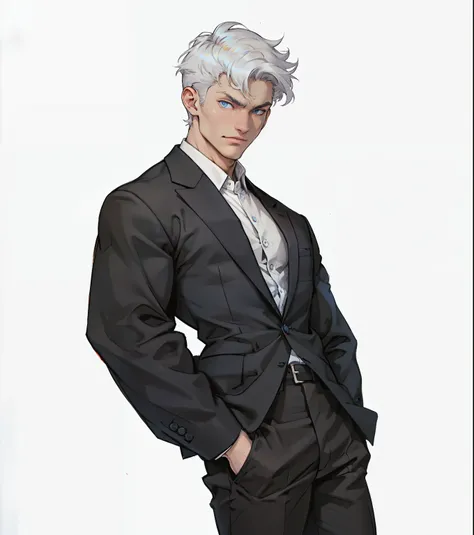 1 man, Detailed face, blue eyes,White hair,White skin , blue eyes, Black suit, White shirt,Business suit,, Pants