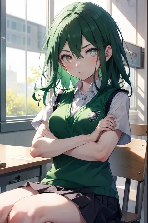 CruschKarsten, Crusch Karsten, Long Hair, Hair between the eyes, Green Hair, (Brown eyes:1.4),serious,
Armband, White Ascot,White shirt,Short sleeve,Sweater vest, (green Sweater vest:1.5),
,Black pleated skirt,Black socks,Brown Loafers,Arms crossed,sit cro...