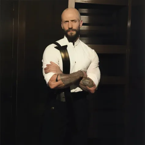 tall bald handsome man with beard, daddy, dark tattoos, lean fit body, black shirt, 30yo, dynamic lighting, lean body, black but...