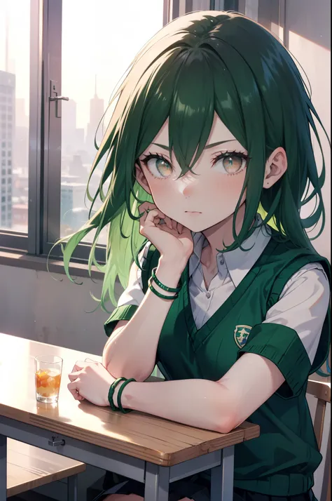 CruschKarsten, Crusch Karsten, Long Hair, Hair between the eyes, Green Hair, (Brown eyes:1.4),serious,
Armband, White shirt,Short sleeve,Sweater vest, (green Sweater vest:1.5),Black pleated skirt,Black socks,Brown Loafers,Arms crossed,sit cross-legged on a...