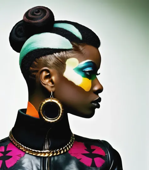 crazy alternate punk hairstyle, fashion photography, hairstyle inspired by njideka akunyili crosby and edmond hamilton