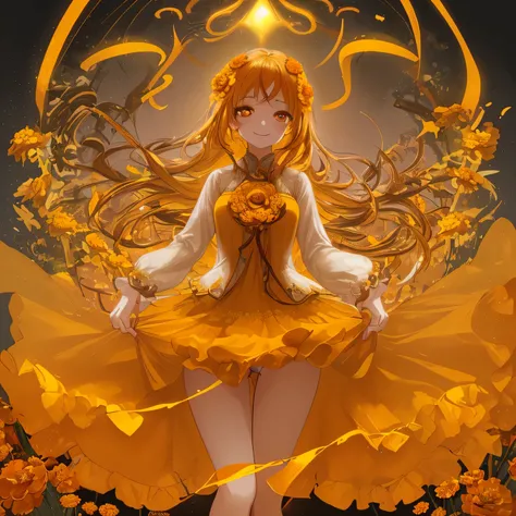 Marigold themed artwork, ((highest quality)), High resolution, 8k, Cinematic Light, High Contrast, Written boundary depth、smile、Full of energy、bright、beautiful, Strong brilliance, Detailed Background, One Girl, cute, fine grain, Shining Eyes, Detailed Iris...