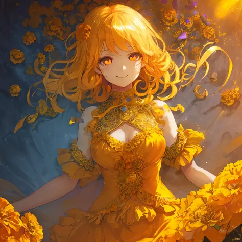 Marigold themed artwork, ((highest quality)), High resolution, 8k, Cinematic Light, High Contrast, Written boundary depth、smile、Full of energy、bright、beautiful, Strong brilliance, Detailed Background, One Girl, cute, fine grain, Shining Eyes, Detailed Iris...