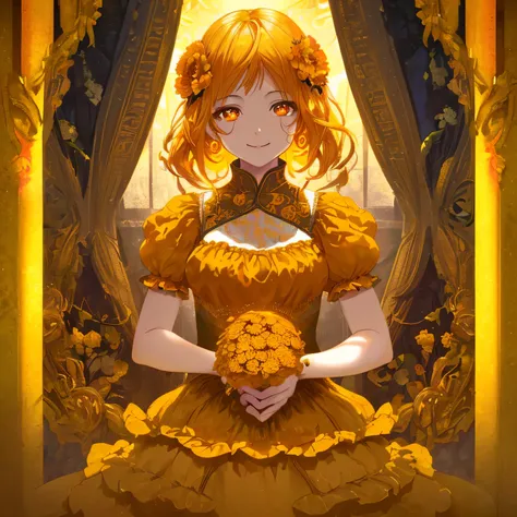 Marigold themed artwork, ((highest quality)), High resolution, 8k, Cinematic Light, High Contrast, Written boundary depth、smile、Full of energy、bright、beautiful, Strong brilliance, Detailed Background, One Girl, cute, fine grain, Shining Eyes, Detailed Iris...