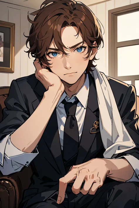 30 year old man. with a little wrinkles on the face. short and somewhat unkempt hair. disheveled suit and tie. brown hair and blue eyes. serious expression. ((background of a normal living room)). ((detailed face.)) ((sitting in the living room)) ((detaile...