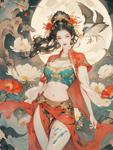 (8k, highest quality, masterpiece),{Realistic, RAW Photos, Super Fine Clear, Portraiture, (Ink painting style:1.6)}, Realistic Light, Detailed skin, (Beautiful woman with slim body, Age 25, Martial God:1.5), Thin legs, fine grain, Long white hair, Detailed...