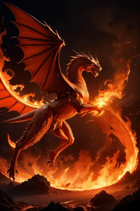High-Resolution, Best Quality, Masterpiece: 1.3, Spectacular Red Dragon, Masterpiece, Fiery Eyes, Realistic, 1dragon, majestic, towering form, ancient creature, mystical, soaring through the sky, wings spread wide, embers and flames erupting from its mouth...