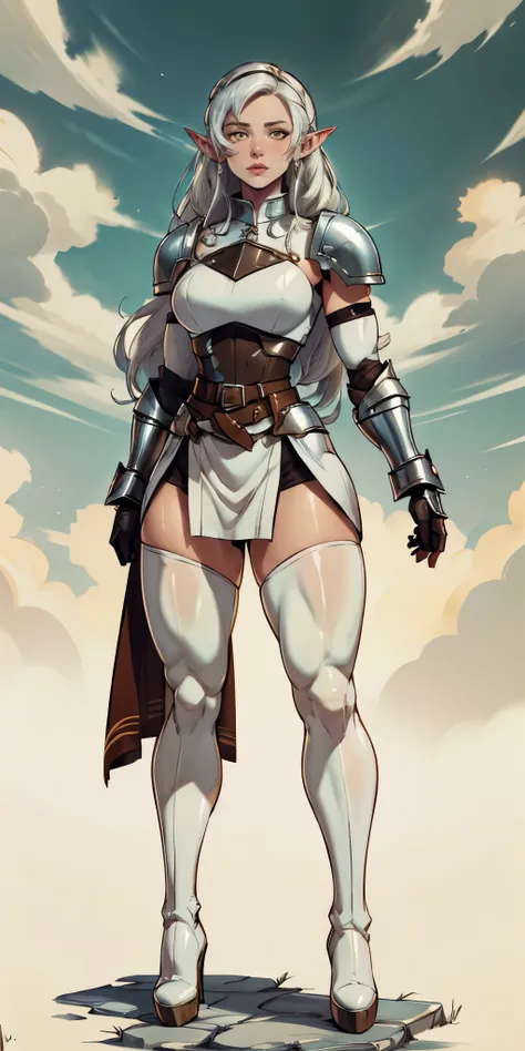masterpiece, best quality, high quality, white SKIN elf, long hair, white hair, yellow eyes, full body, def_effie, blue breastplate, white skin, looking at viewer, shiny armor, thigh highs, high boots, shoulder armor, faulds, poleyn, gloves, gauntlets