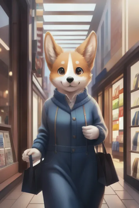 Realistic, Modern Organic Front View Full Length Shot (FLS) of an anthropomorphized corgi, clad in a chic blue sweater and pristine white boots, casually strolling in a bustling mall. A bag dangles from its arm as it browses through the stylish clothing st...