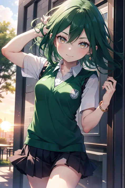 cruschkarsten, crusch karsten, long hair, hair between the eyes, green hair, (brown eyes:1.4),smile,,
armband, white shirt,short...