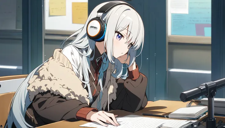 Anime girl sitting at desk with headphones and holding book