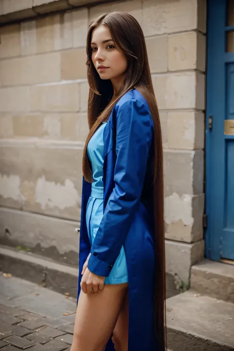 A lady with beautiful long and straight hair in blue outfit 
