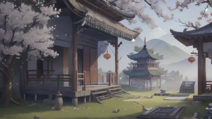 (masterpiece, best quality:1.2), (sai bo gu feng),Dilapidated，Cherry tree，Game scene，Shabby House，Outdoor scenes