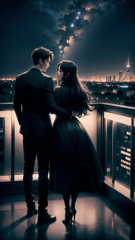 A couple stands against the backdrop of the night sky, creating a beautifully romantic scene with the cityscape in the background, adding an air of mystery to the romantic scene atop the building against the night sky and city lights, (Raw photo, highest q...