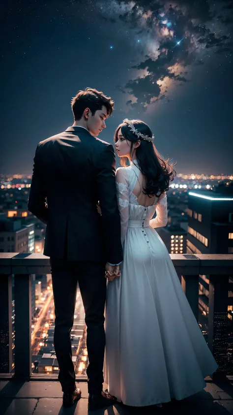 A couple stands against the backdrop of the night sky, creating a beautifully romantic scene with the cityscape in the background, adding an air of mystery to the romantic scene atop the building against the night sky and city lights, (Raw photo, highest q...