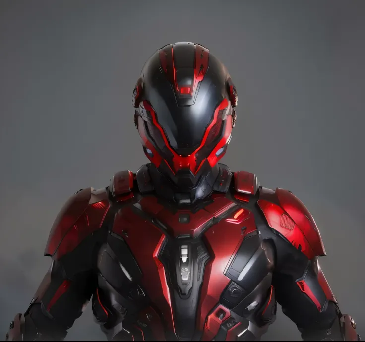 un primer plano de un traje rojo y negro con casco, high-tech armadura roja, armadura roja, ropa y casco futuristas, con equipo futurista y casco, black and armadura roja, science fiction suit, renderizado de desplazamiento al rojo, cyber fighting armor, s...