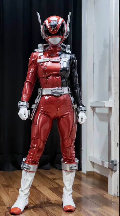 ((power rangers)), One guy、 white costume, Solo, ((Slim figure)), (Anatomically correct), Cowboy shot, masked face, (Red composite tracksuit), (Well-designed hero set), Suitable for complex production lines, Thin one-piece influencer suit, Long leather glo...