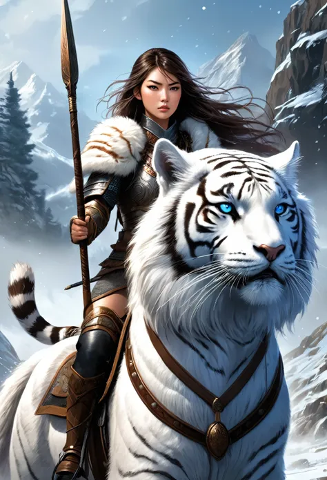 （1 girl，pretty face，exquisite eyes，serious expression，sharp eyes，wearing fur armor，holding a spear），she is a warrior of the nort...