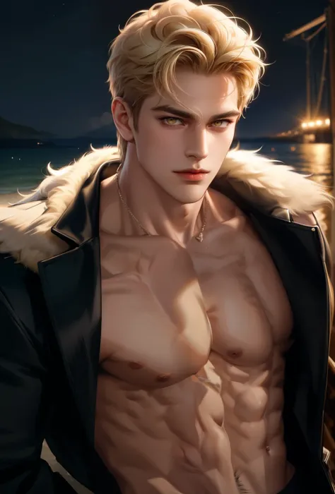 (masterpiece,best quality,ultra_detailed,highres,absurdres),1 mature male, 30-ish, (wide shoulder), (muscular), big body, male focus, solo, yellow eyes, yellow eyes color, upper body, short hair, blonde hair, looking at viewer, smile face, parted lips, rou...