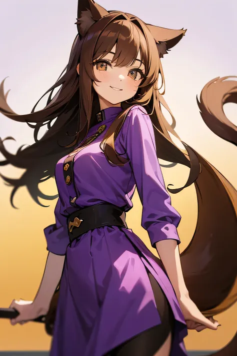 a girl with long brown hair and golden eyes and cat ears and tail, smile, purple clothes