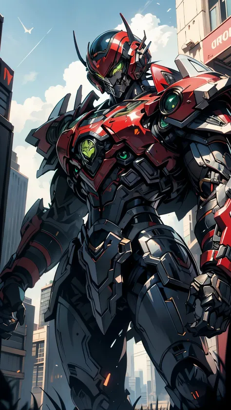A man wearing a full-face helmet, a fantasy-style biotech armored combat suit, green eyes, (a composite layered chest armor), fully enclosed shoulder guards, matching arm and leg guards, the belt is adorned with fangs biting into orbs, (the color scheme is...