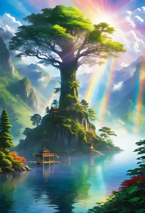 Enchanting Dreamlight Island, A Vision of Beauty. The sunlight dances through a veil of mist., Surrounding mountains々The lake reflects the light and casts a mottled shadow on its surface.. A towering tower of light rises into the sky, The surface reflects ...