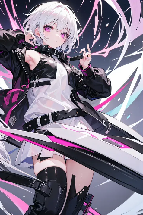 1girl, white haired, short haired, pink eyes, goggles above head, black leather jacket, exposed shoulders, white shirt, black tights