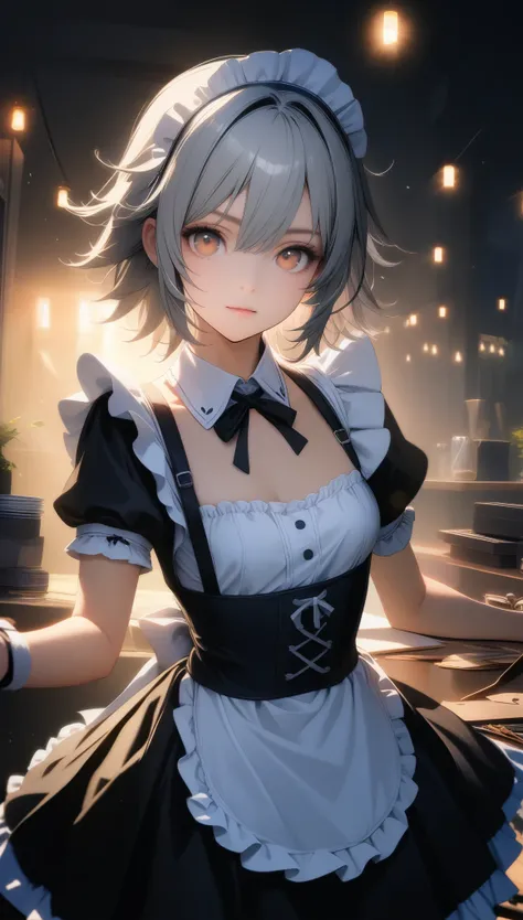 ((16 Nights Sakiya)), ((Oriental Project)), Cosplay, 16-year-old female, (((Gray Hair)), ((Medium Spiky Hair)), ((Blue maid outfit)), ((White blouse)), Center of chest, (Light)))), (Pause))), (Photorealistic photography: 1.3), rim Lighting, (Skin with atte...