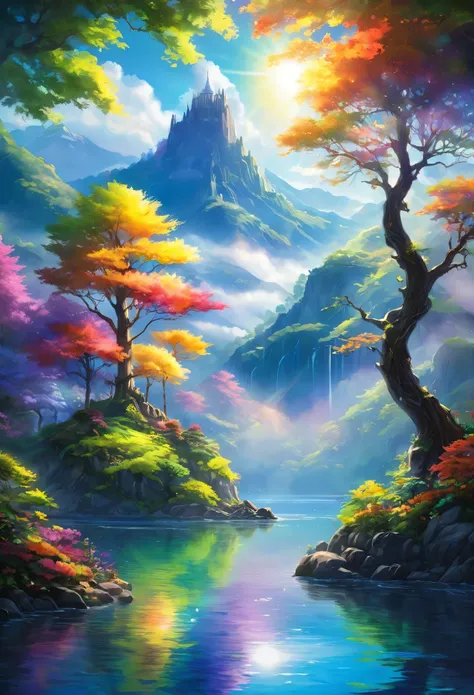 Enchanting Dreamlight Island, A Vision of Beauty. The sunlight dances through a veil of mist., Surrounding mountains々The lake reflects the light and casts a mottled shadow on its surface.. A towering tower of light rises into the sky, The surface reflects ...