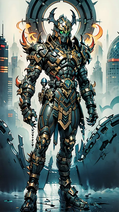 a man wearing a full-face helmet, a fantasy-style biotech armored combat suit, green eyes, (a composite layered chest armor), fu...