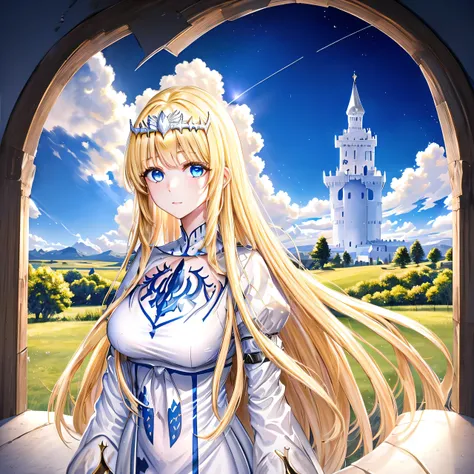 super fine illustration, an extremely cute and beautiful girl, highly detailed beautiful face and eyes, look at viewer, cowboy shot, beautiful long hair, solo, dynamic angle, beautiful detailed dress , heaven castle in background, full of clouds, holy ligh...