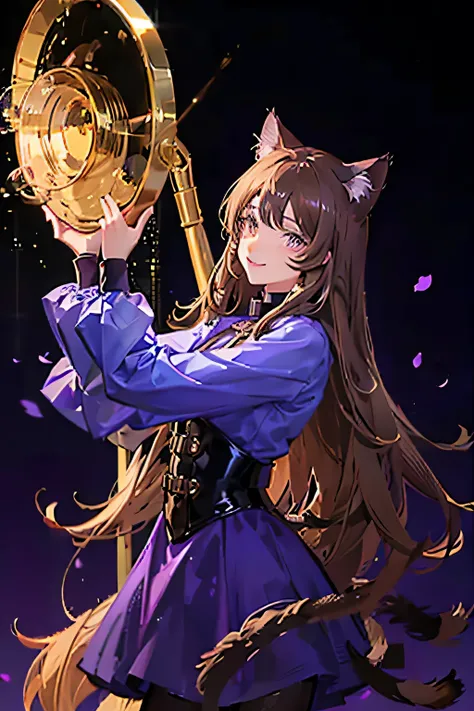 Girl with long brown hair and golden eyes and cat ears and tail, smile, purple clothes, black background, shining eyes